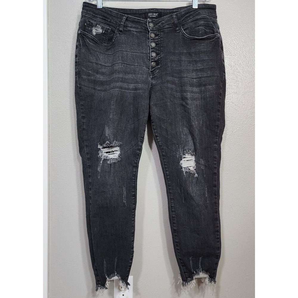 Judy Blue Jean's Button Fly Charcoal‎ Black Distressed 16 W Skinny Fit